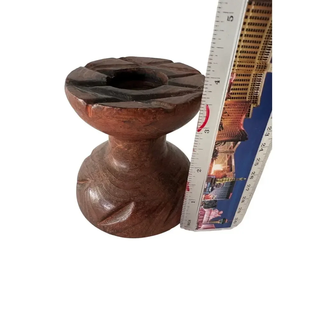 Vintage Hand Carved Wood Lotus Flower Candle Holder Boho MCM Decor 4.25”